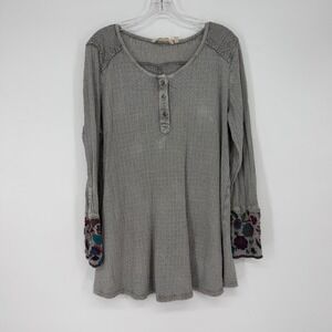 Soft Surroundings XL Grey Floral Embroidered Henley Tunic Linen Blend Flaw